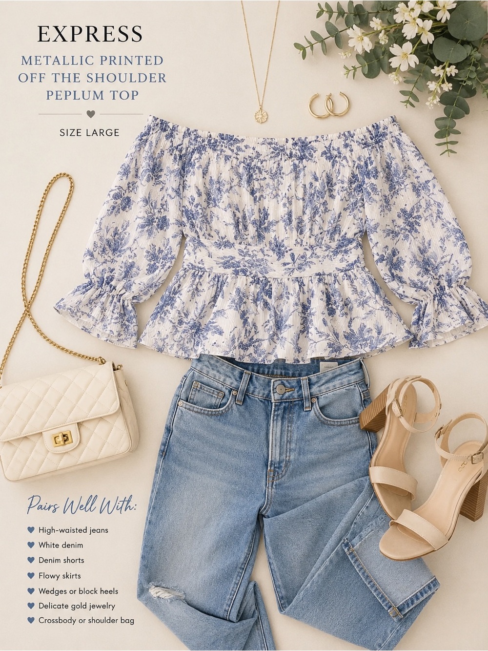 Express Blue and White Floral Off-the-Shoulder Peplum Top